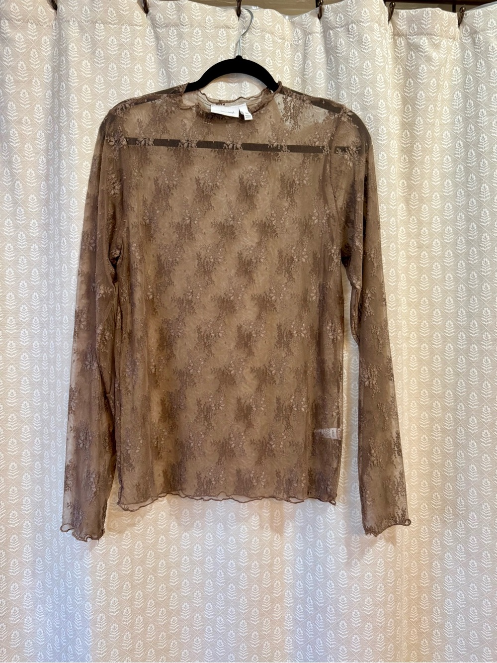Buckle Brown Sheer Lace Long Sleeve Top